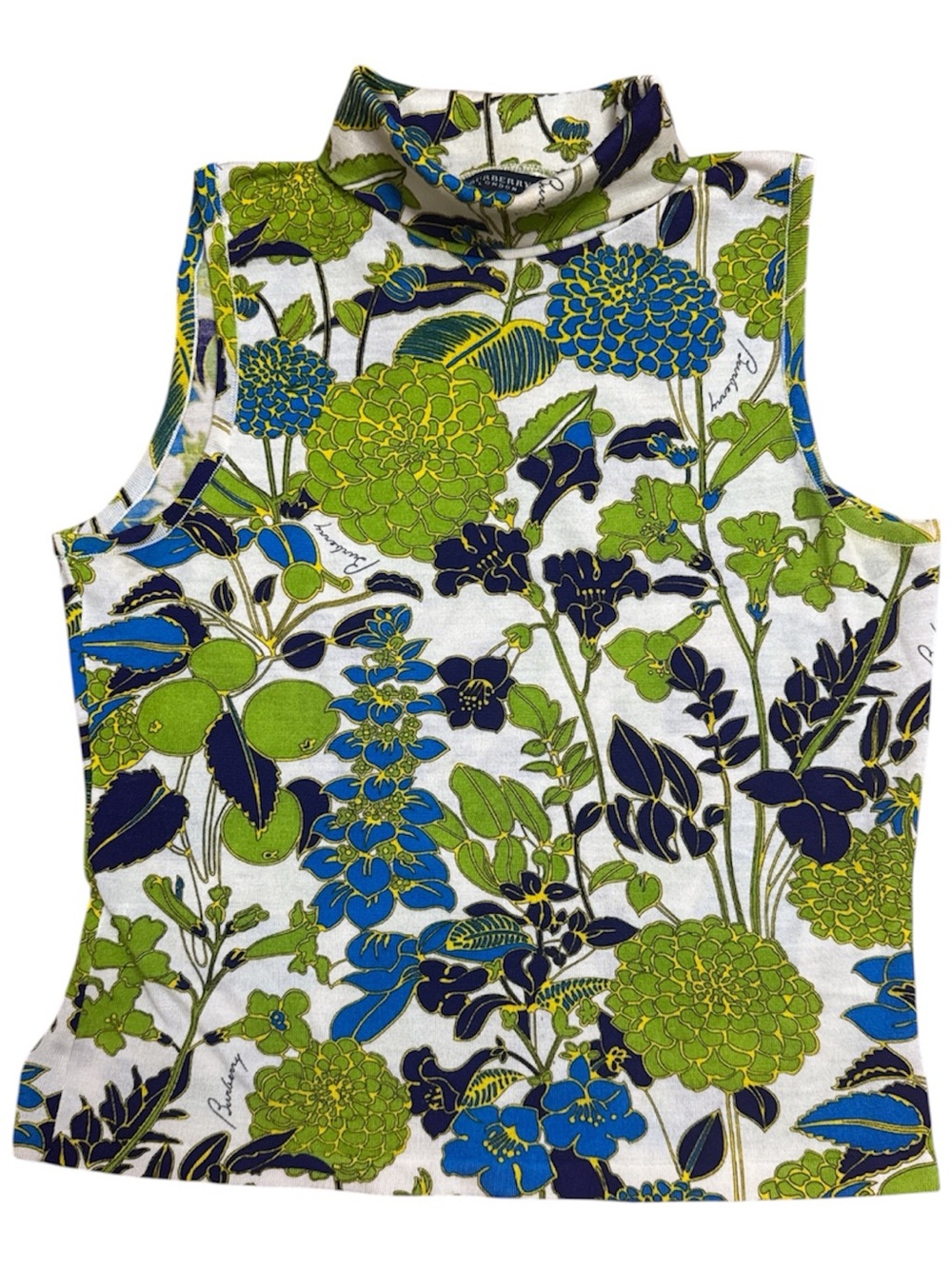 Burberry Floral Sleeveless Knit Top in White, Blue & Lime